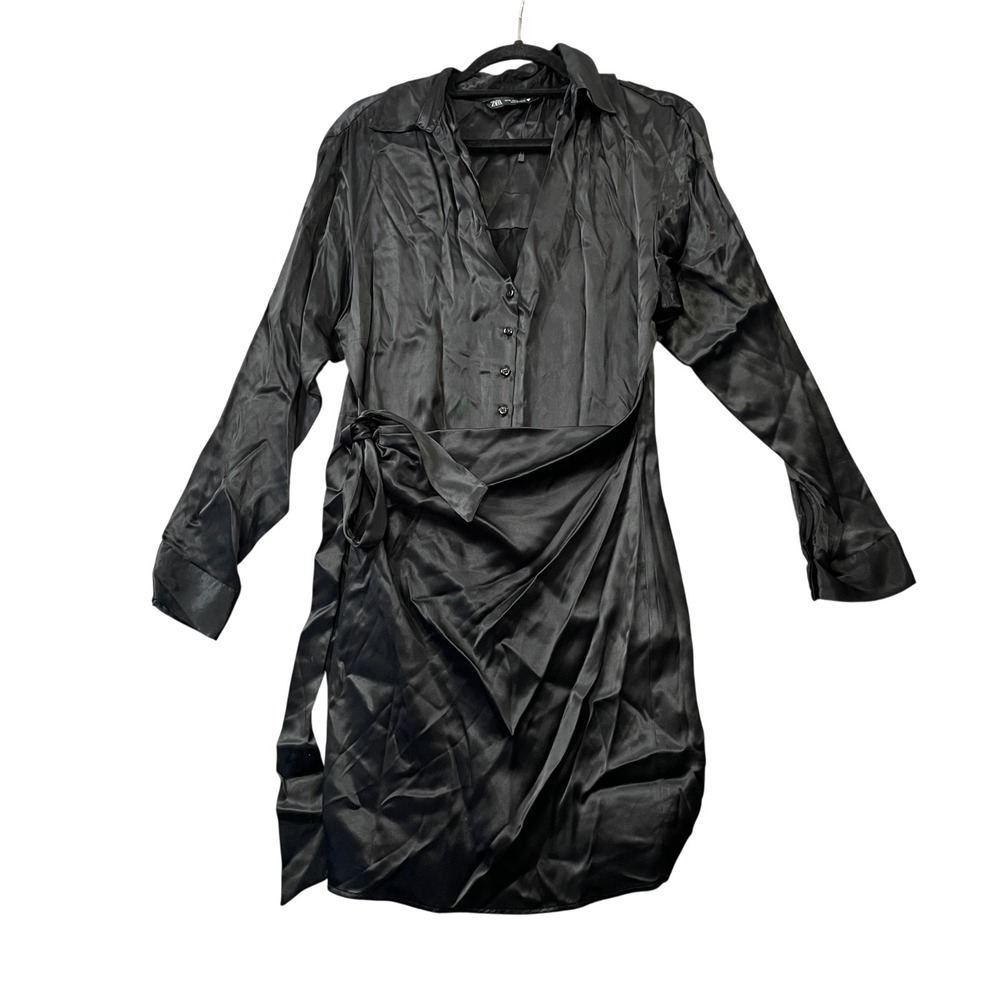 Zara XL Black Dress Full Button‎ New w/o Tags Satin Effect Belted Shirt Dress